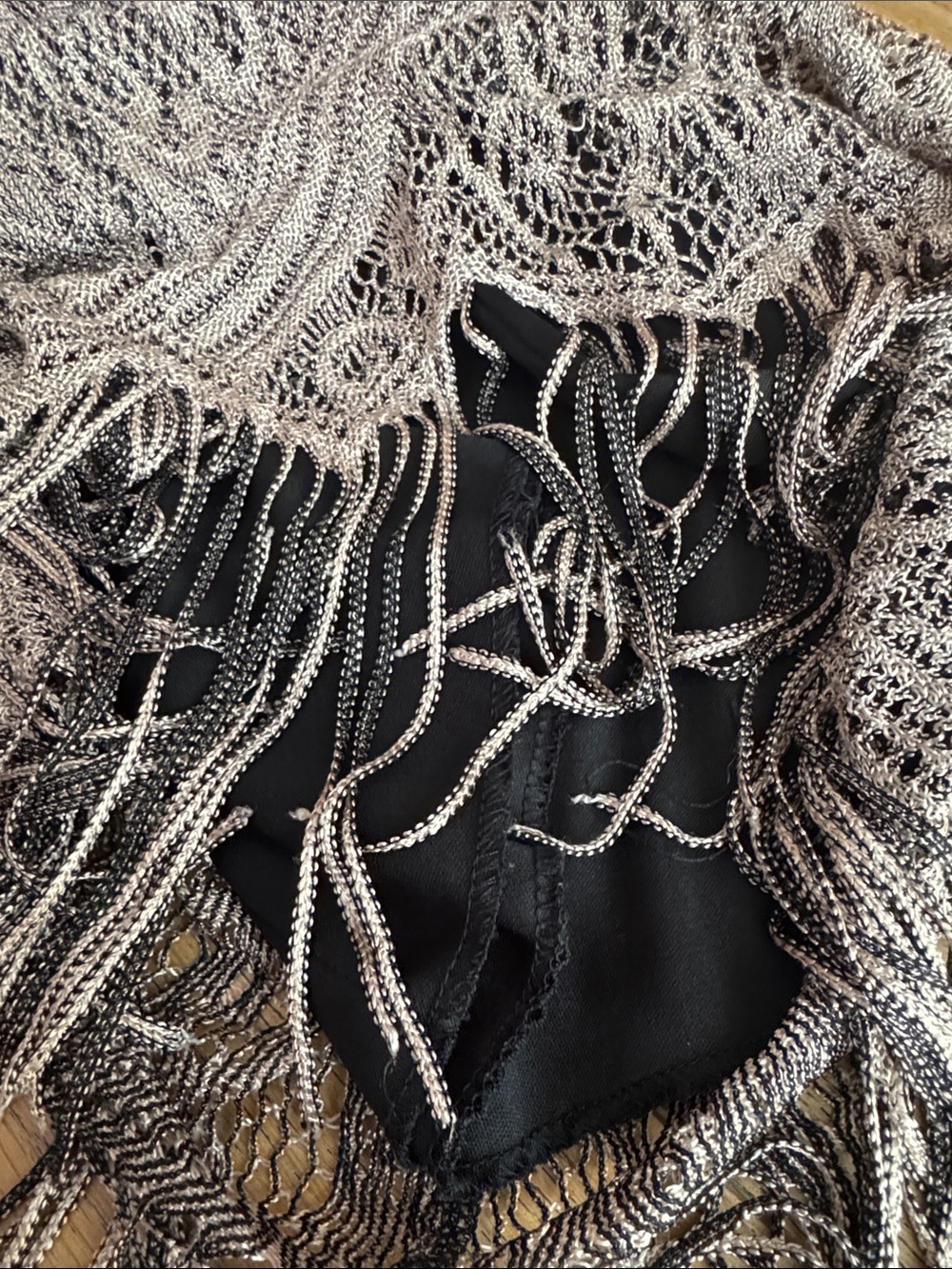 1990 Double Fault sleeveless taupe black mini dress diagonal lace fringe hem - Picture 8 of 8